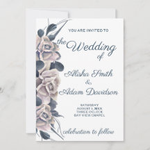Smoky Blue & Blush Boho Rose Wedding Invitation