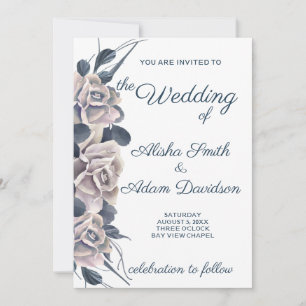 Smoky Blue & Blush Boho Rose Wedding Invitation