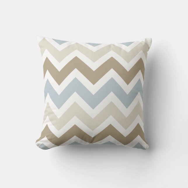 Smoky Blue Gray, Tan, and Brown Chevron Pattern Throw Pillow (Front)