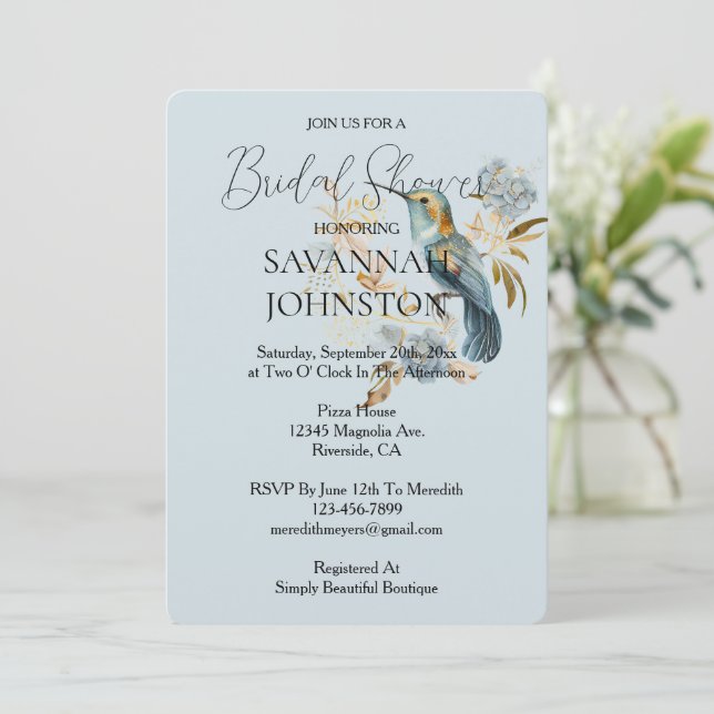 Smoky Blue Hummingbird Hydrangea Bridal Shower  Invitation (Standing Front)