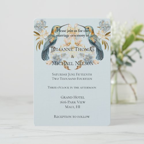 Smoky Blue Hummingbird Hydrangea Flowers Wedding Invitation