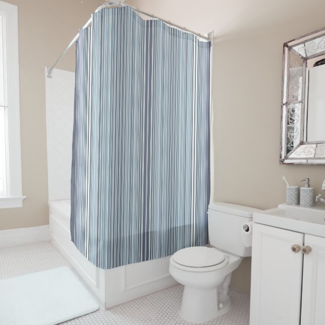 Smoky Blue Lavender Stripes Shower Curtain (In Situ)