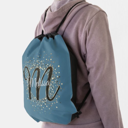Smoky blue speckled monogram personalized drawstring bag