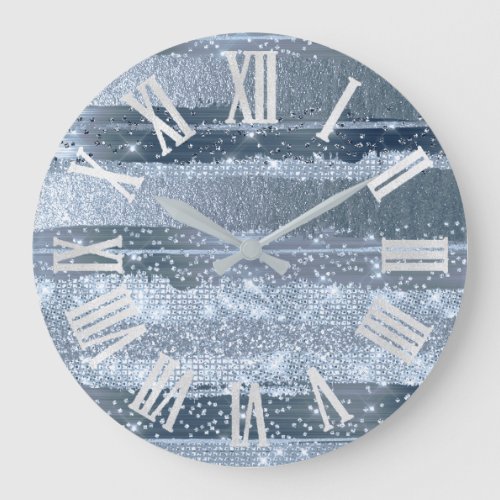 SMOKY BLUE STROKES Glitter Gray Roman Numbers Large Clock