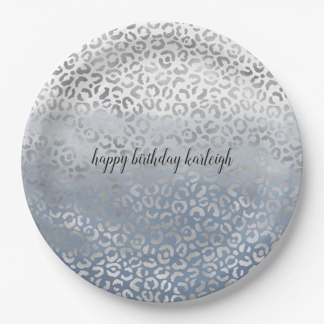 Smoky Blue White Ombre Silver Glam Leopard Print Paper Plates (Front)