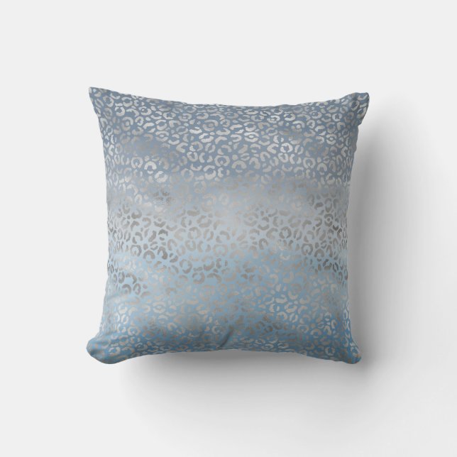 Smoky Blue White Ombre Silver Glam Leopard Print Throw Pillow (Front)