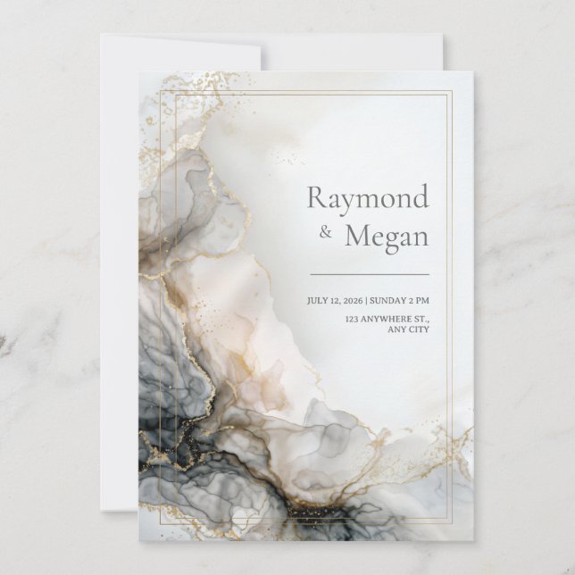 Smoky Charcoal Gilded Fluid Marble Wedding Invitation (Front)