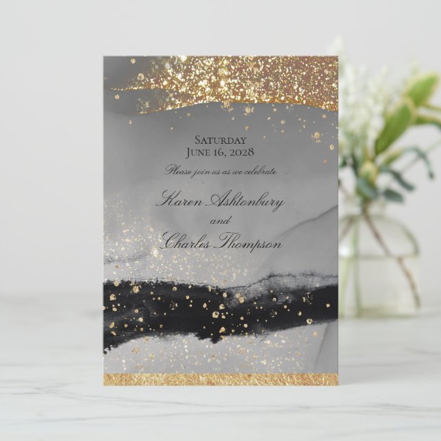 Smoky Gray & Black Sparkling Gold Modern Wedding Invitation (Standing Front)