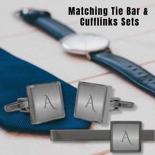 Smoky Gray Brushed Metal Monogram Initials Gunmetal Finish Tie Bar