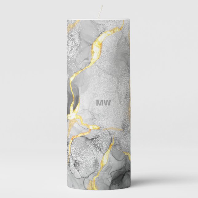 Smoky Gray & Gold Watercolor Pillar Candle (Front)