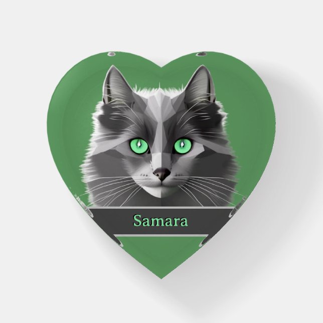 Smoky Gray Nebelung Cat on green with Name Paperweight (Front)