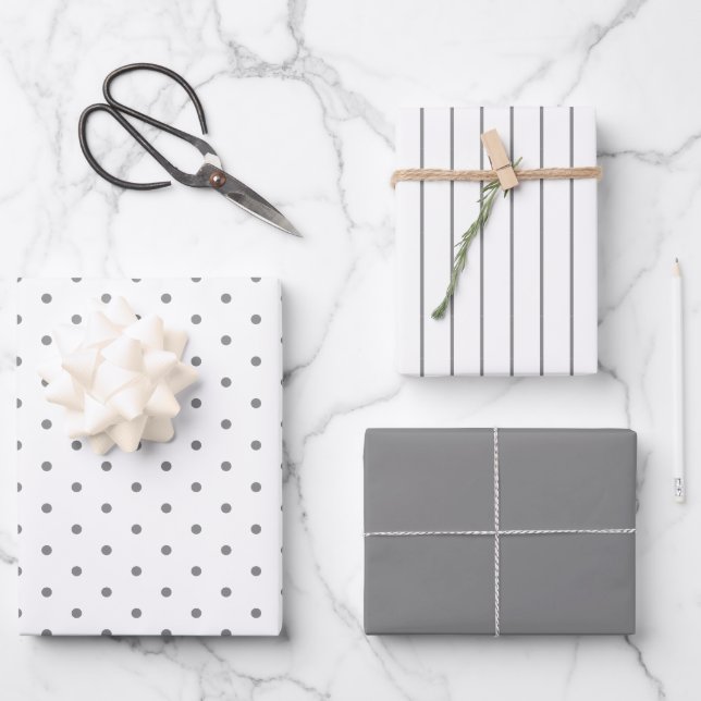Smoky Gray Polka Dot and Striped and Solid Wrapping Paper Sheets (Front)