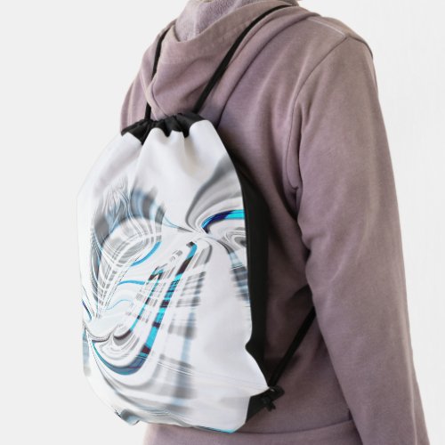 Smoky gray ripples and blue chrome curves on white drawstring bag