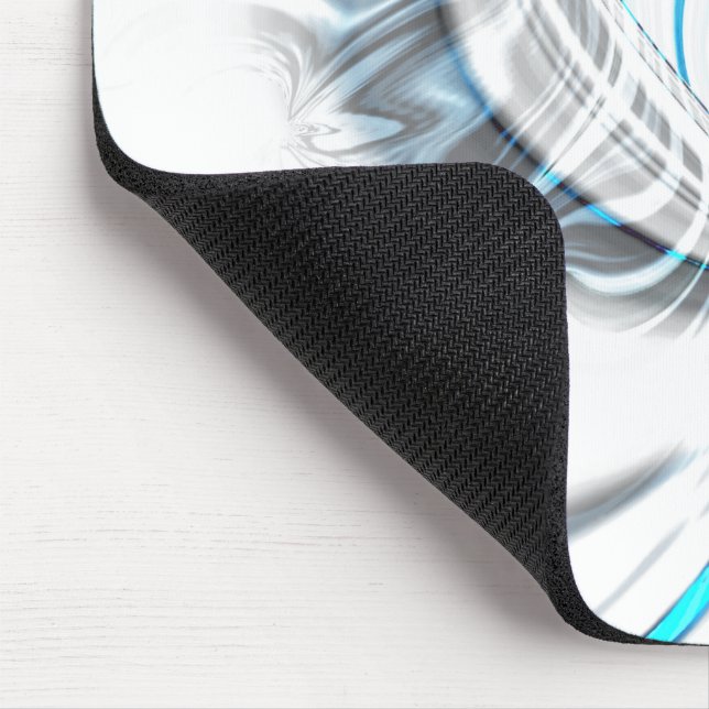 Smoky gray ripples and blue chrome curves on white mouse pad (Corner)