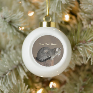Smoky Gray Tabby Cat Ceramic Ball Christmas Ornament