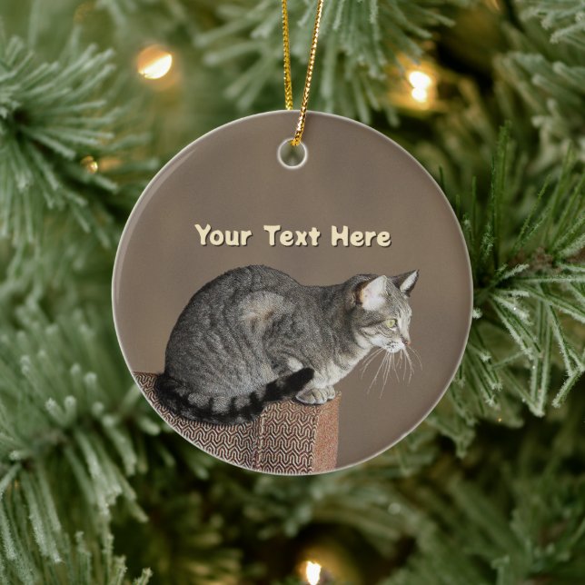 Smoky Gray Tabby Cat Ceramic Ornament (Tree)