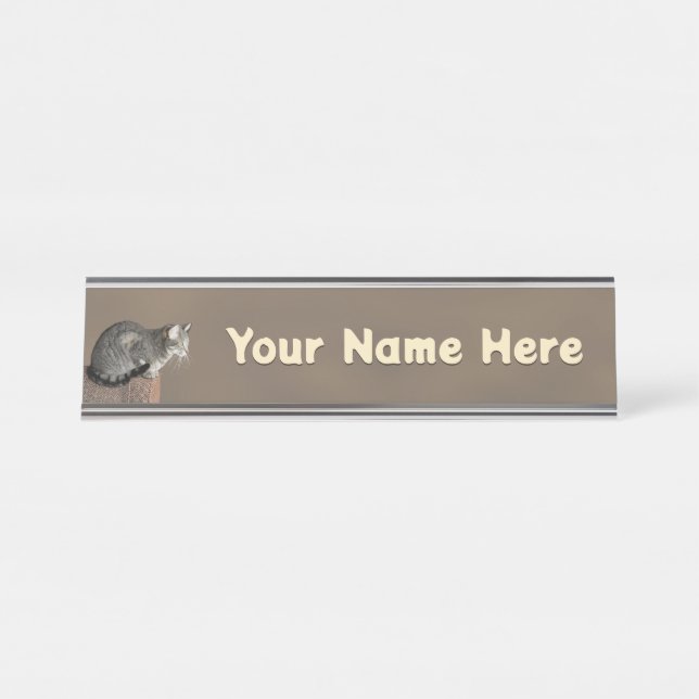 Smoky Gray Tabby Cat Desk Name Plate (Front)