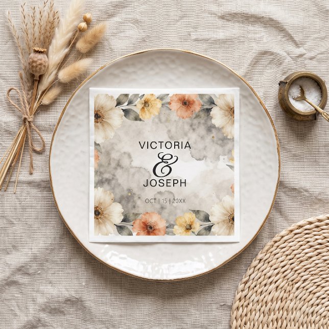 Smoky Gray Watercolor Peach Floral Boho Wedding Napkins (Creator Uploaded)