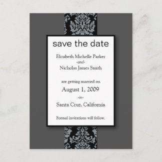 Smoky Grey Baroque Damask Save the Date Postcard