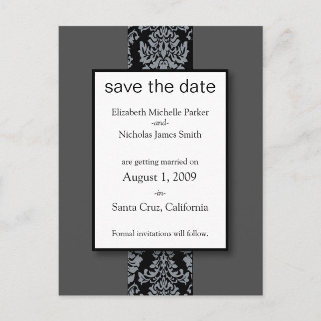 Smoky Grey Baroque Damask Save the Date Postcard (Front)