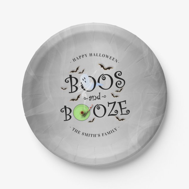 Smoky Grey & Black Boos & Booze Halloween Party Paper Plates (Front)