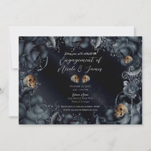 Smoky Grey Blue Roses  Skulls Engagement Party  Invitation