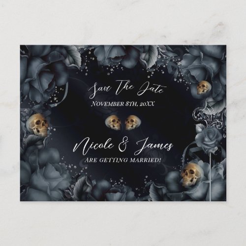 Smoky Grey Blue Roses Skulls Gothic Save The Date Announcement Postcard