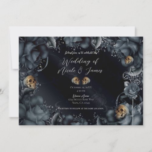 Smoky Grey Blue Roses Skulls Gothic Wedding   Invitation