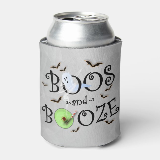 Smoky Grey Boos & Booze Halloween Party Can Cooler (Can Front)