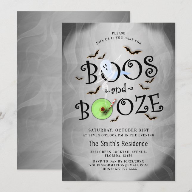 Smoky Grey Boos & Booze Halloween Party Invitation (Front/Back)