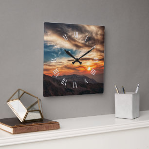 Smoky Mountains Nature Theme Sunset Square Wall Clock
