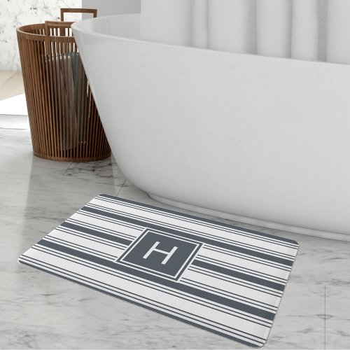 Smoky Navy and White Stripe Monogram Bathroom Mat