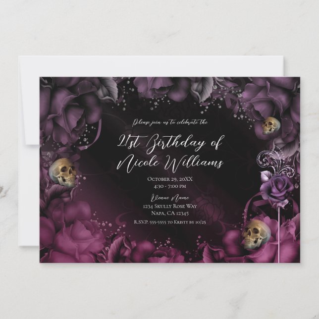 Smoky Purple Pink Roses & Skulls Birthday Party  Invitation (Front)
