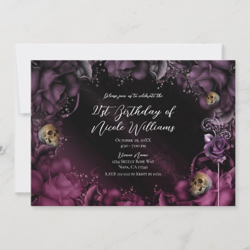 Smoky Purple Pink Roses  Skulls Birthday Party  Invitation