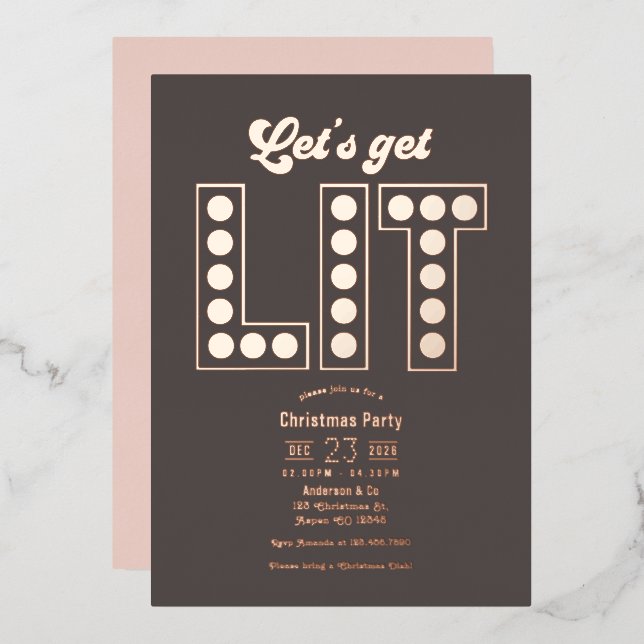 Smoky Quartz Get Lit Retro Christmas Party Foil Invitation (Front/Back)