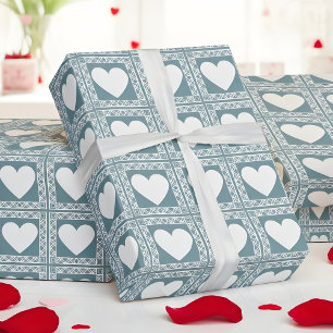 Smoky Teal Geometric Hearts Valentine Gift Wrapping Paper