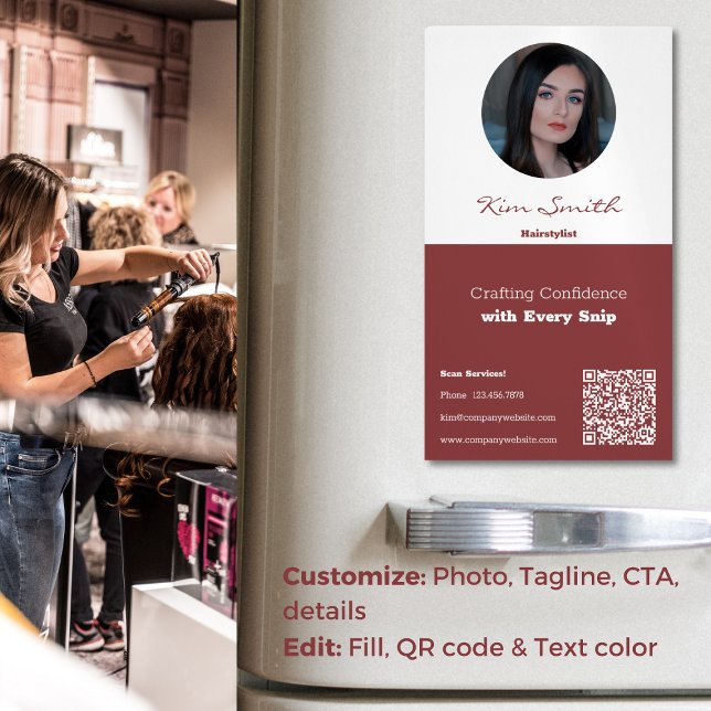 Smoky Topaz White Professional Hair Stylist CTA Business Card Magnet (Smoky Topaz White Professional Hair Stylist CTA Business Card Magnet, Tagline QR code, Profile Photo)