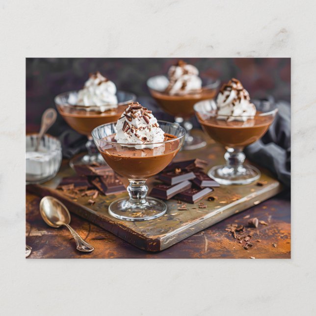Smooth and creamy chocolate pudding served glas holiday postcard (Front)