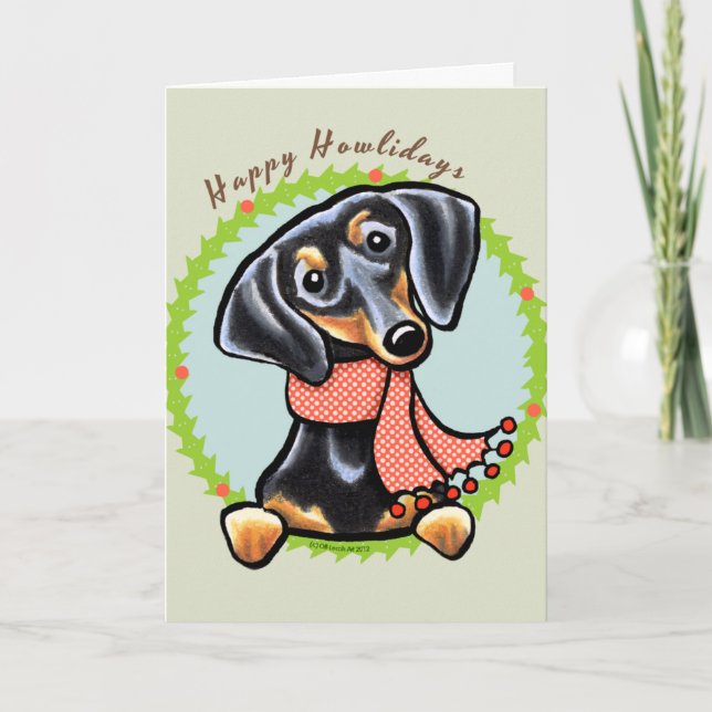 Smooth Black Tan Dachshund Happy Howlidays Holiday Card (Front)