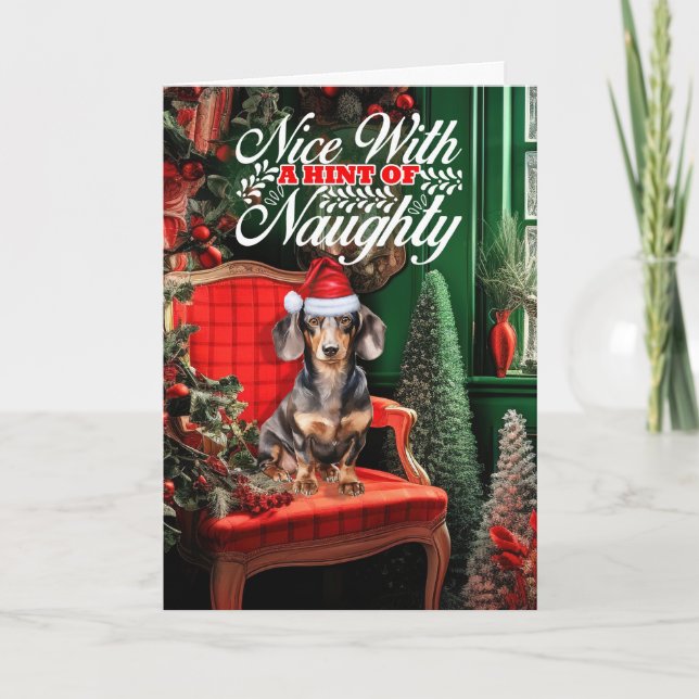 Smooth Coat Dachshund Christmas Dog Naughty Nice Holiday Card (Front)