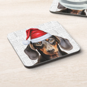 Smooth Coat Dachshund Dog in a Santa Hat Holiday Beverage Coaster