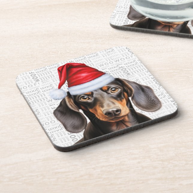 Smooth Coat Dachshund Dog in a Santa Hat Holiday Beverage Coaster (Left Side)