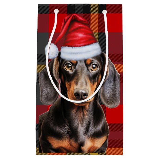 Smooth Coat Dachshund Red Christmas Plaid Small Gift Bag (Front)
