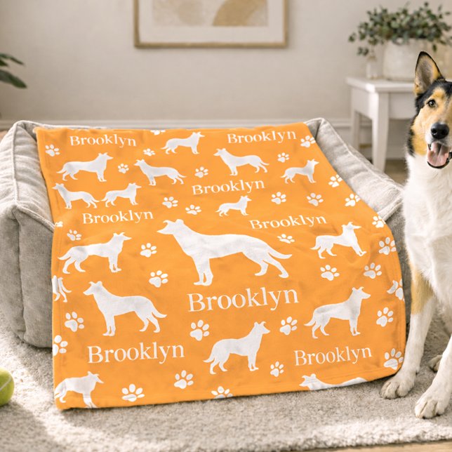 Smooth Collie Personalized Dog Blanket Orange (Smooth hair collie - orange personalized blanket with name and fave color options. Example - large)