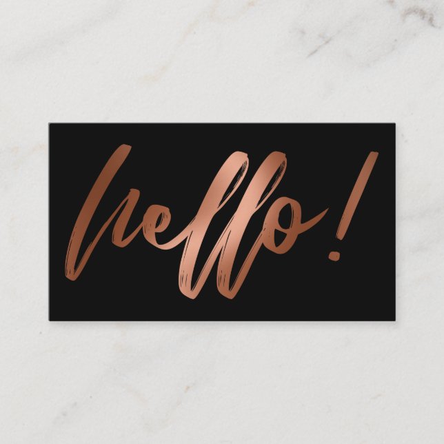 Smooth Copper Ombre Hello in Handwriting on Black Business Card (Front)