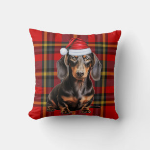 Smooth Dachshund and Holiday Plaid Christmas Dog Throw Pillow