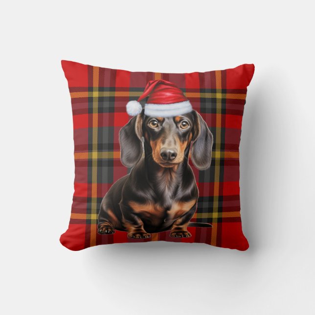 Smooth Dachshund and Holiday Plaid Christmas Dog Throw Pillow (Front)