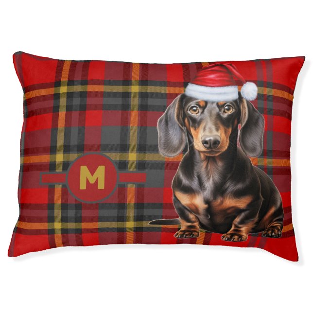 Smooth Dachshund and Plaid with Dog's Monogram Pet Bed (Front)