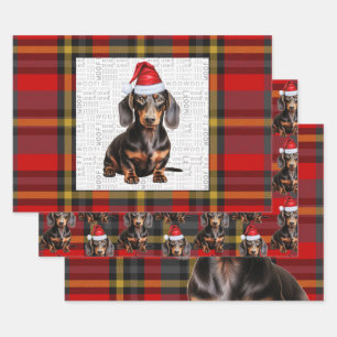 Smooth Dachshund Christmas Dog and Red Plaid Wrapping Paper Sheets