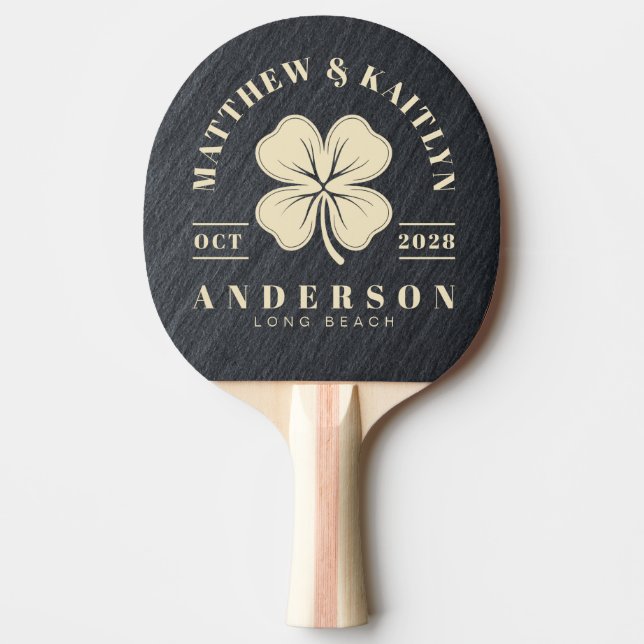 Smooth Dark Granite Irish Clover Wedding Crest Ping Pong Paddle (Front)